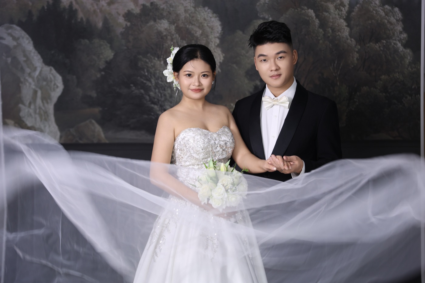 新郎新娘婚纱照与头纱